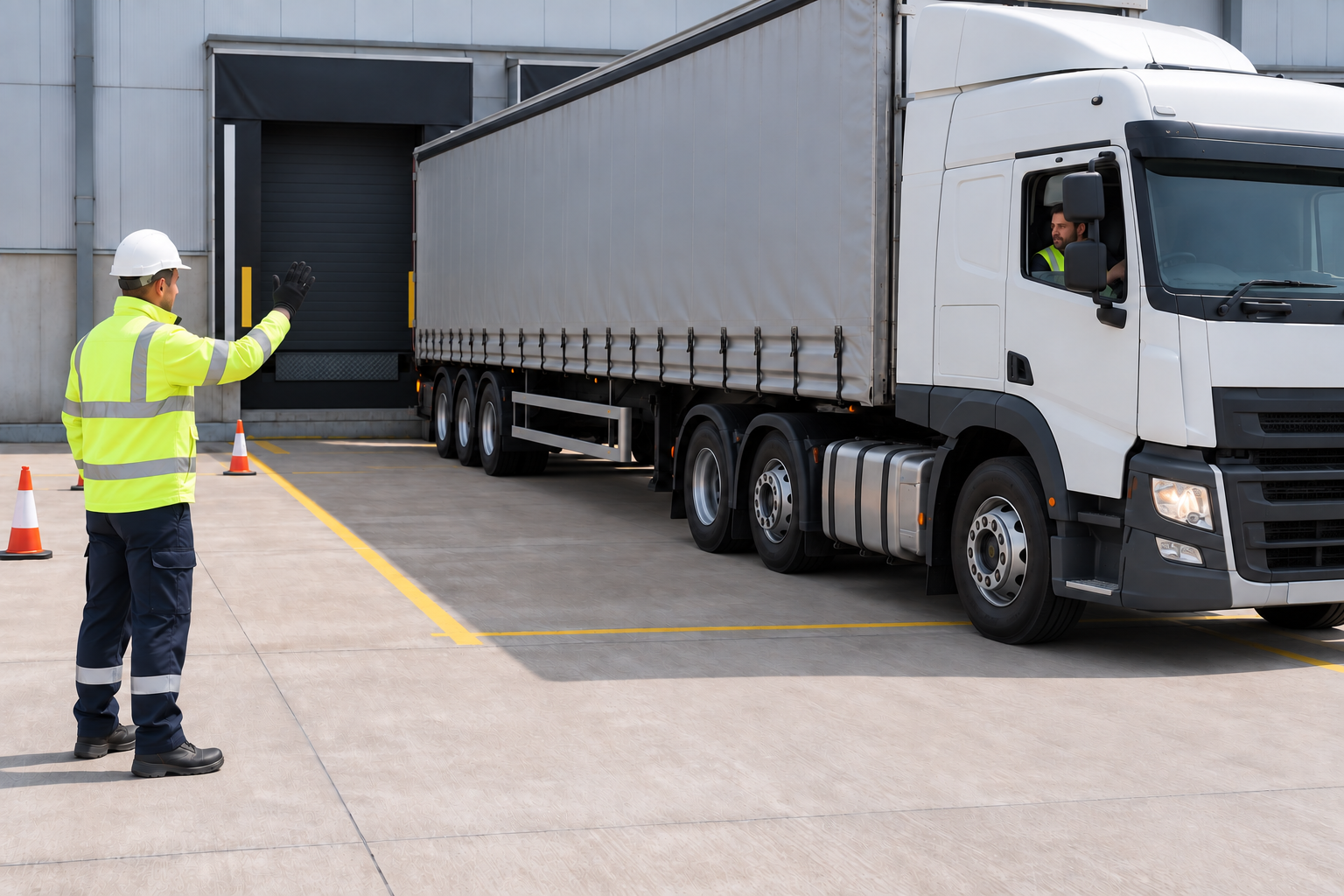 Vehicle reversing in to a loading bay whilst being guided by a banksman on vehicle training