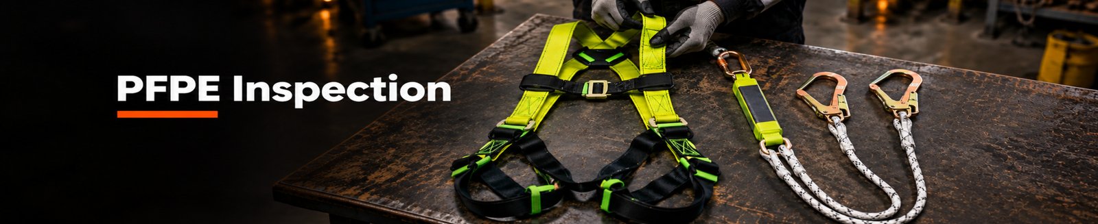 Personal fall protection equipment inspection of a harness and lanyard